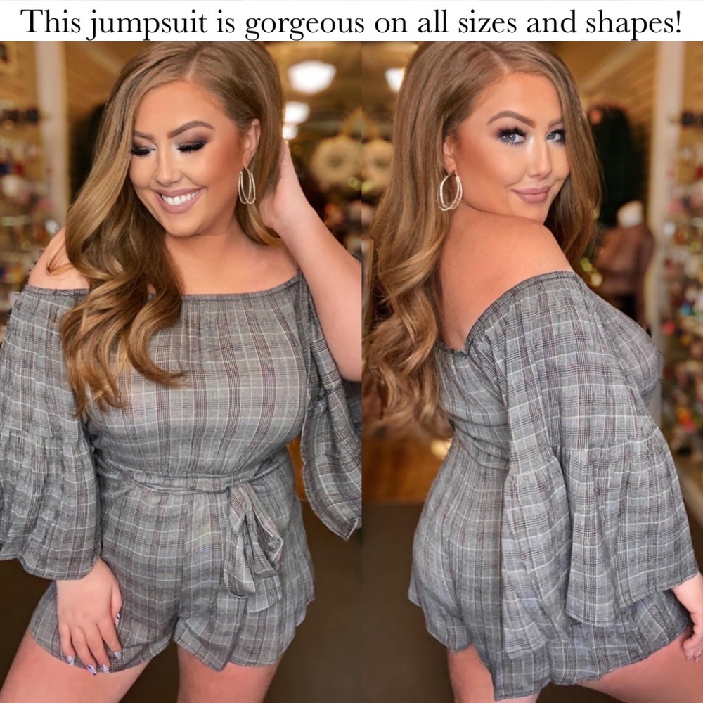 Flirty Gray Plaid Off-the-Shoulder Romper Jumpsuit - Picture 6 of 16